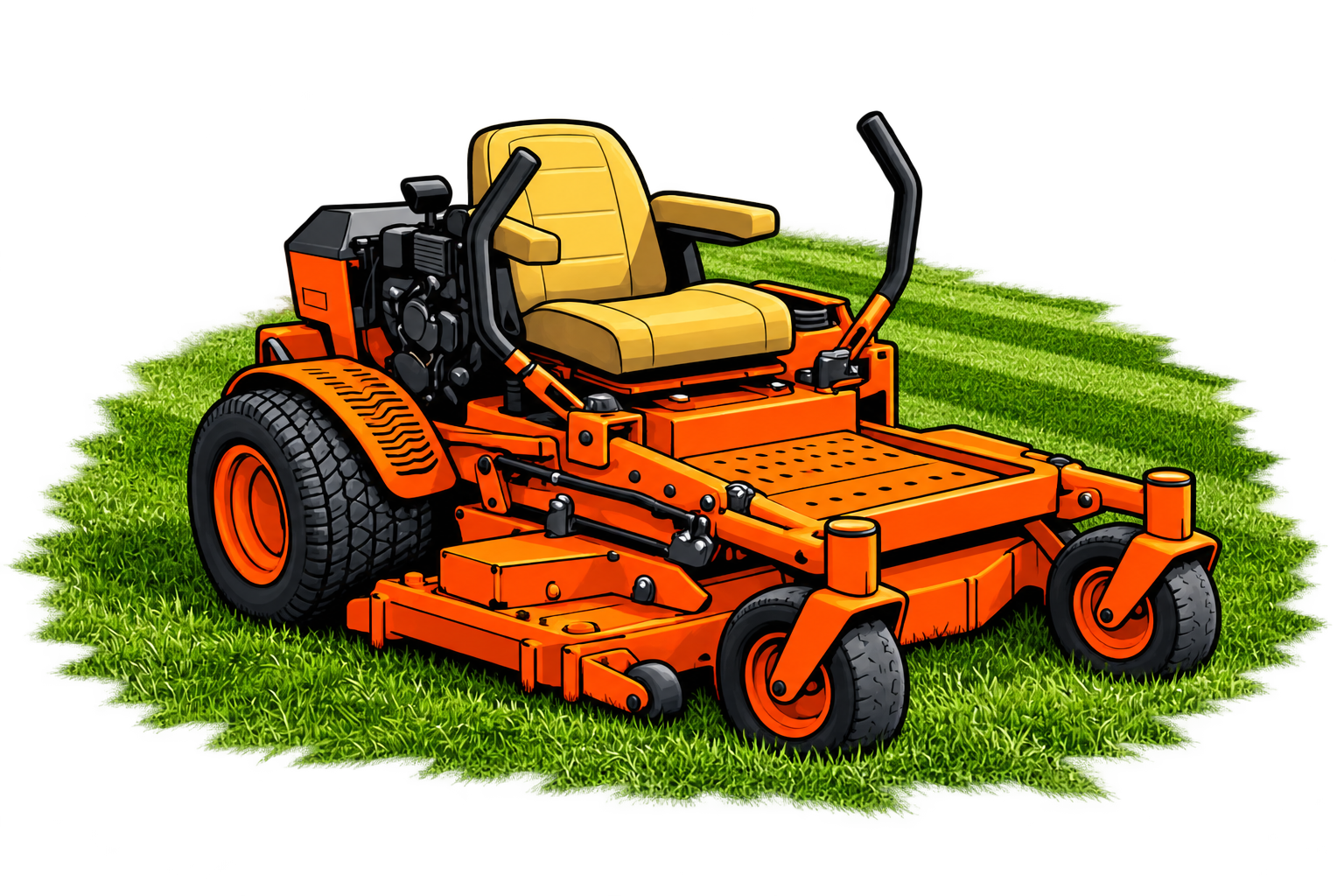 Orange zero-turn mower from the Consumers Lawn Care business card